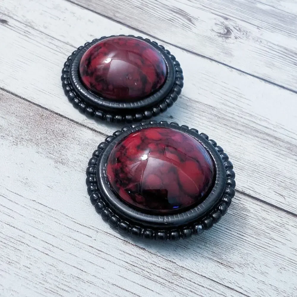 Vintage Clip On Earrings - Large Red & Black Statement